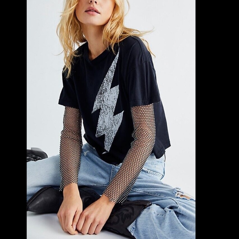 Free People x Vintage Souls Lightning Crystal Sleeve Graphic Tee L